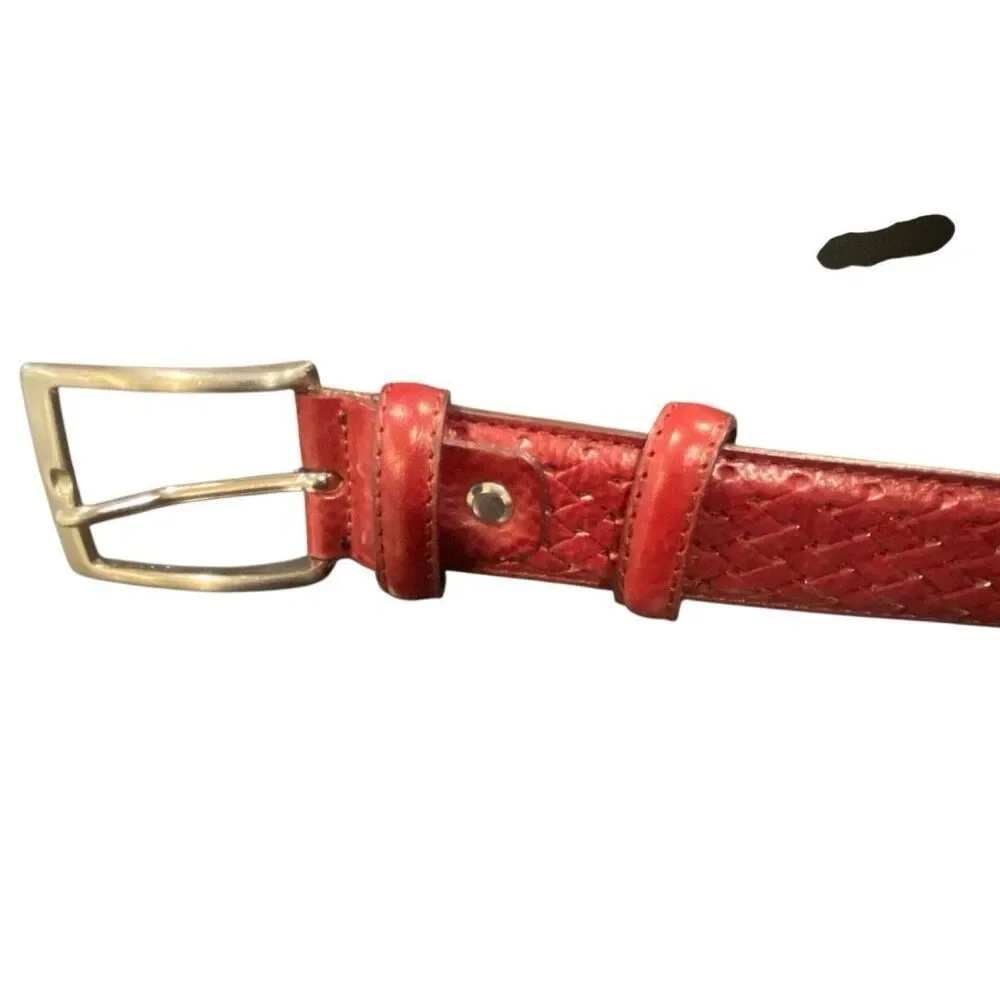 Mens Italian Leather Belt Wine Basket Weave Made in Italy Size 130/115 US 44–46